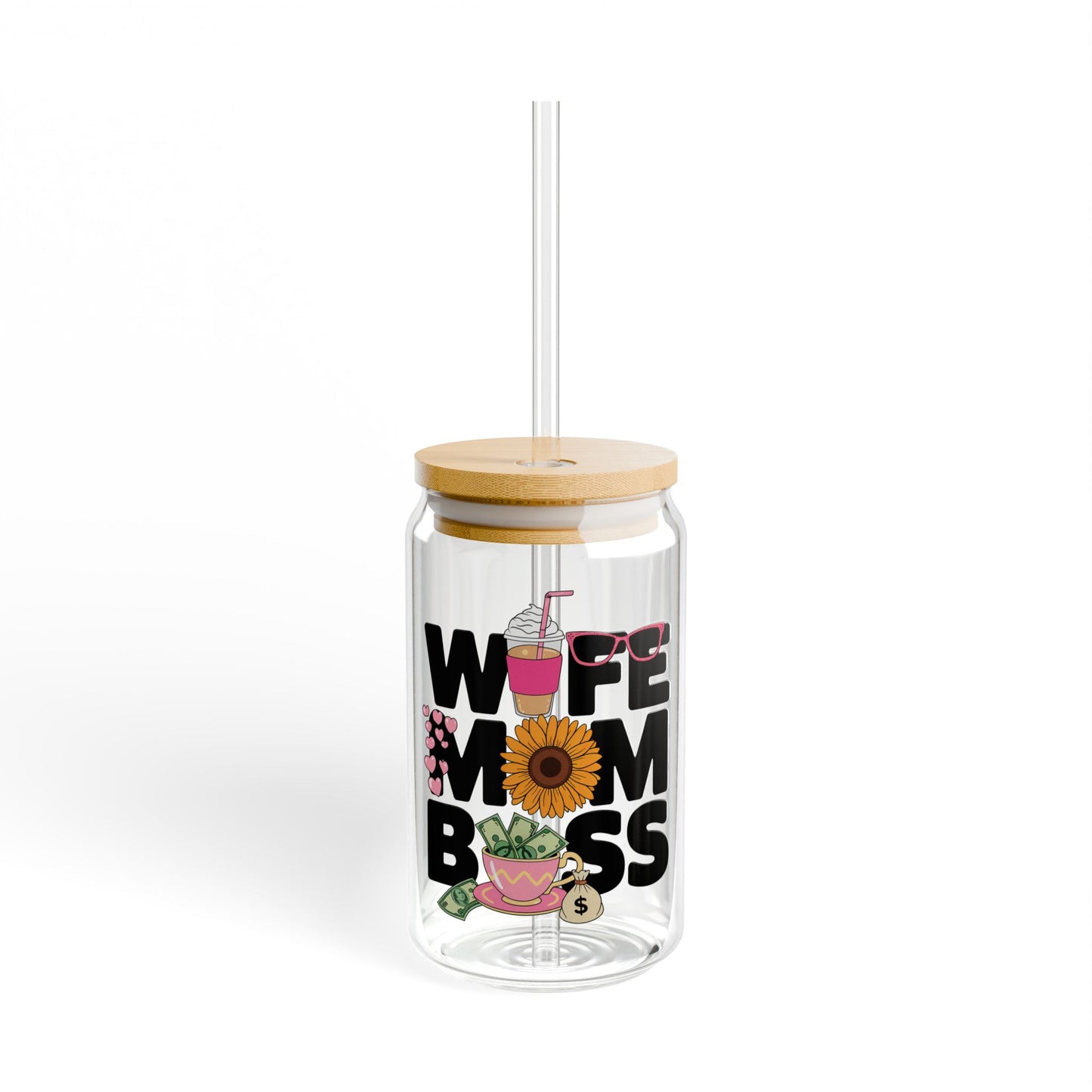 Wife Mom Boss Sipper Glass | 16oz Stylish Drinkware for Moms