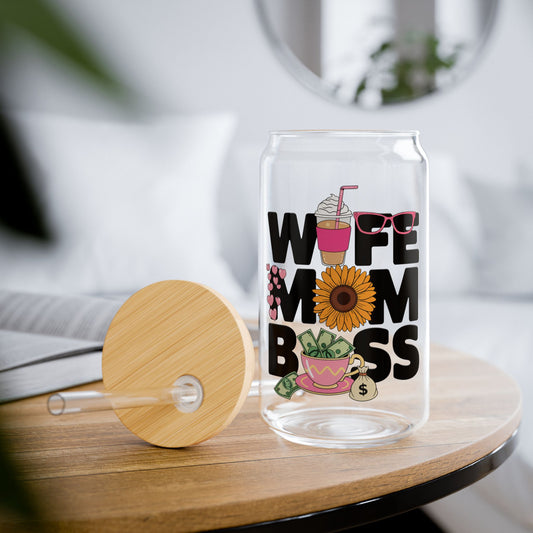 Wife Mom Boss Sipper Glass | 16oz Stylish Drinkware for Moms