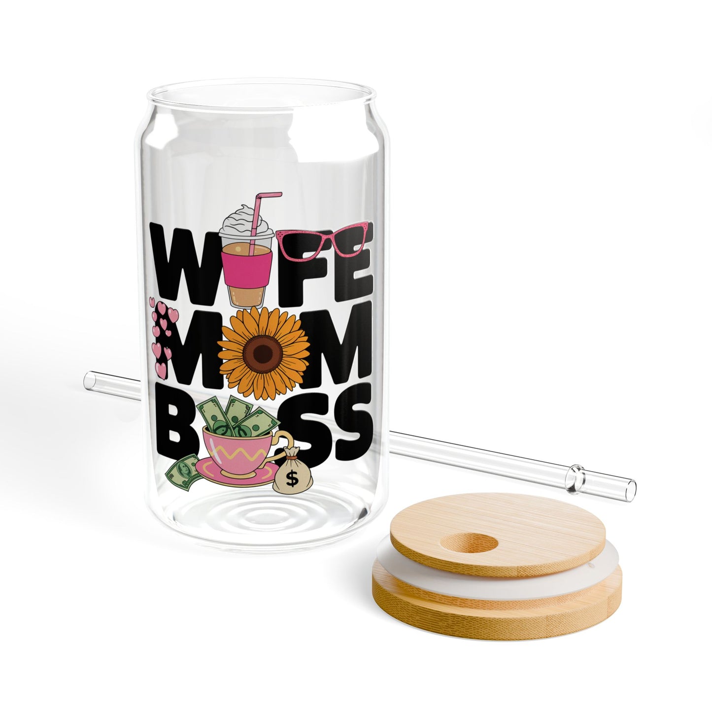 Wife Mom Boss Sipper Glass | 16oz Stylish Drinkware for Moms